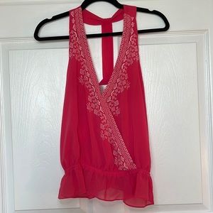 Sexy Pink with White Stitching T-Back Blouse / Size Medium